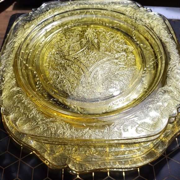 Vintage Amber Depression Glass Dinnerware Set, Dinner & Lunch Plates, Cups & Sau - Picture 6 of 16